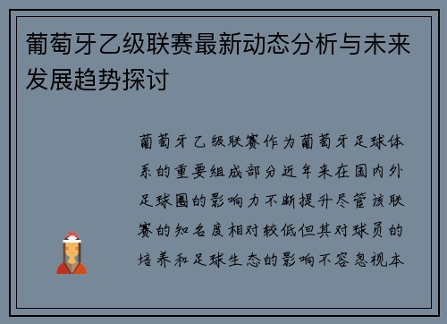 葡萄牙乙级联赛最新动态分析与未来发展趋势探讨